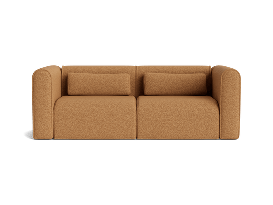 Brown modern two-seater sofa with rounded armrests and two matching rectangular cushions.