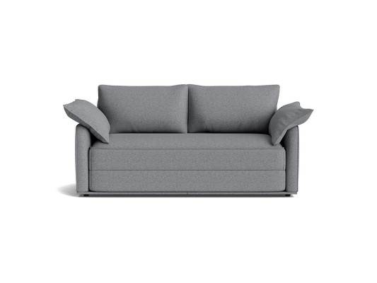 Grey fabric sofa with two cushions and angled armrests. Modern design, clean lines, and soft upholstery on a dark grey background.