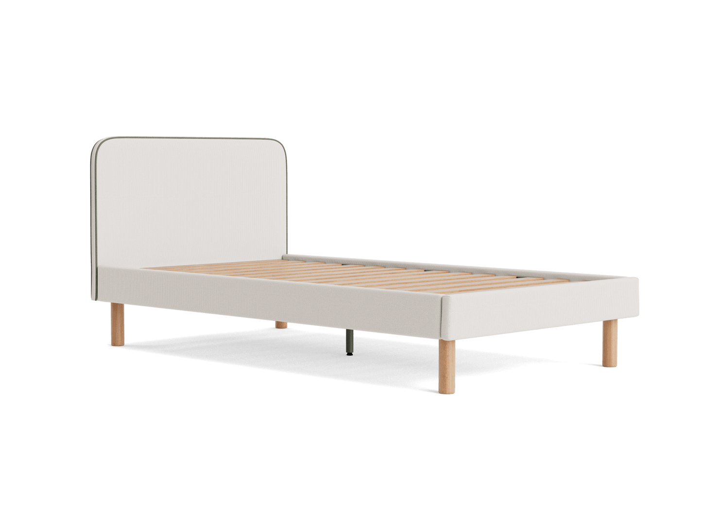 Simple bed frame with a white upholstered headboard and light wood slats on cylindrical legs, minimalist design.