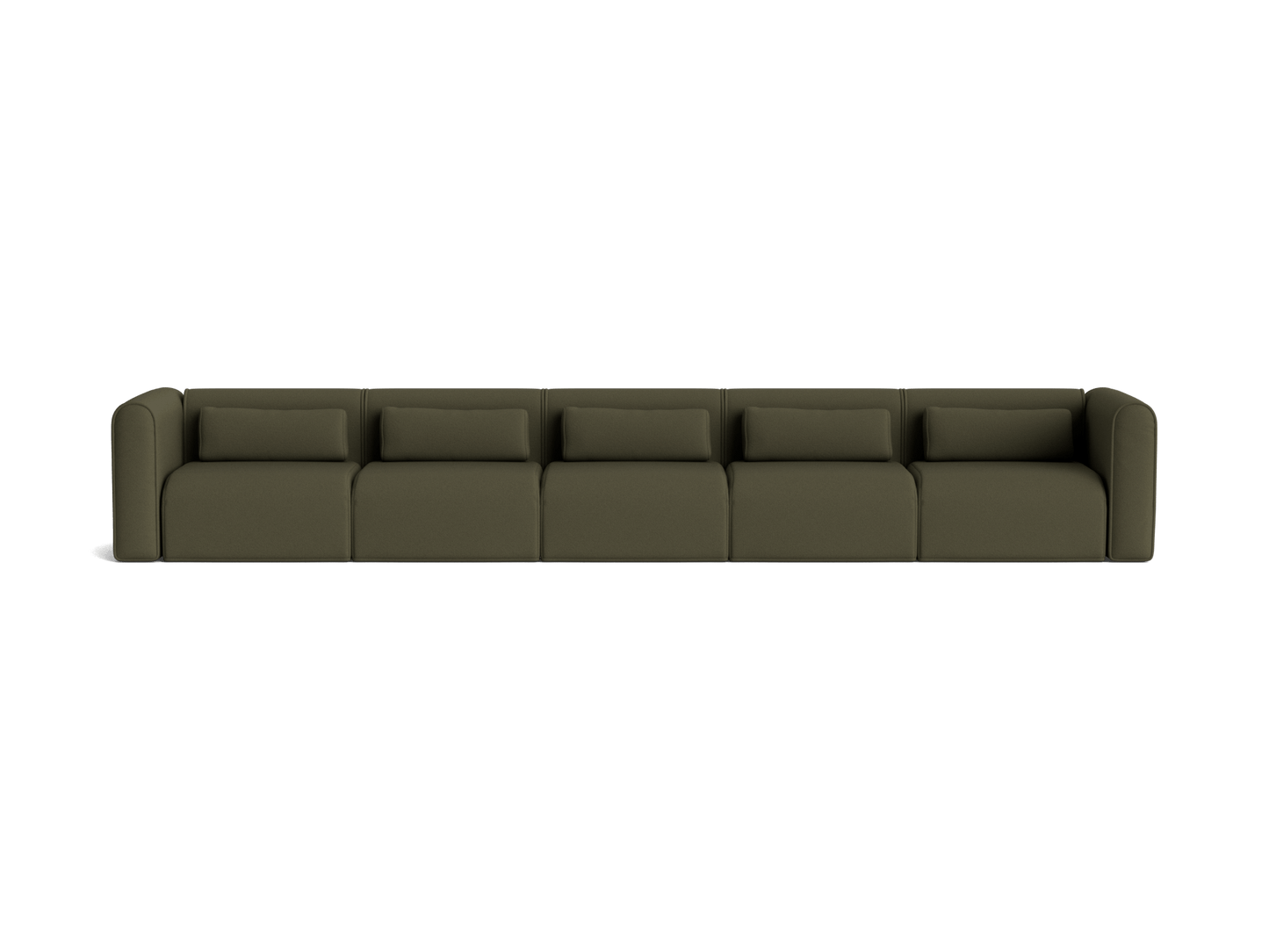 Extra-long dark green modular sofa with six cushioned seats and rounded armrests, ideal for modern living spaces.