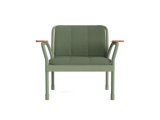 Green armchair with wooden armrests and vertical stitching on the backrest. Modern design and minimalistic style, perfect for contemporary interiors.