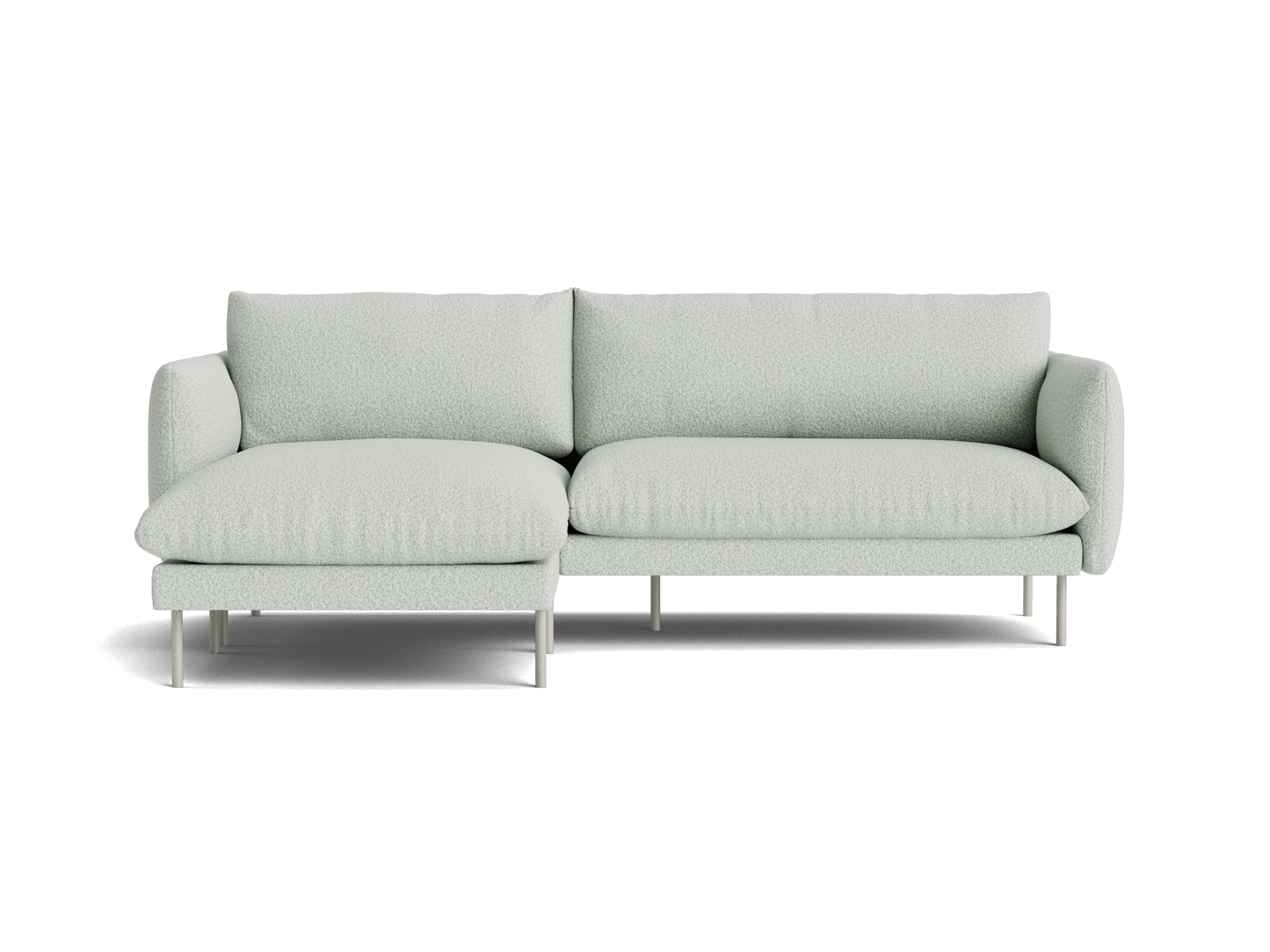 Light grey three-seater sofa with chaise on left, featuring plush cushions and sleek metal legs. Perfect for modern living room decor.