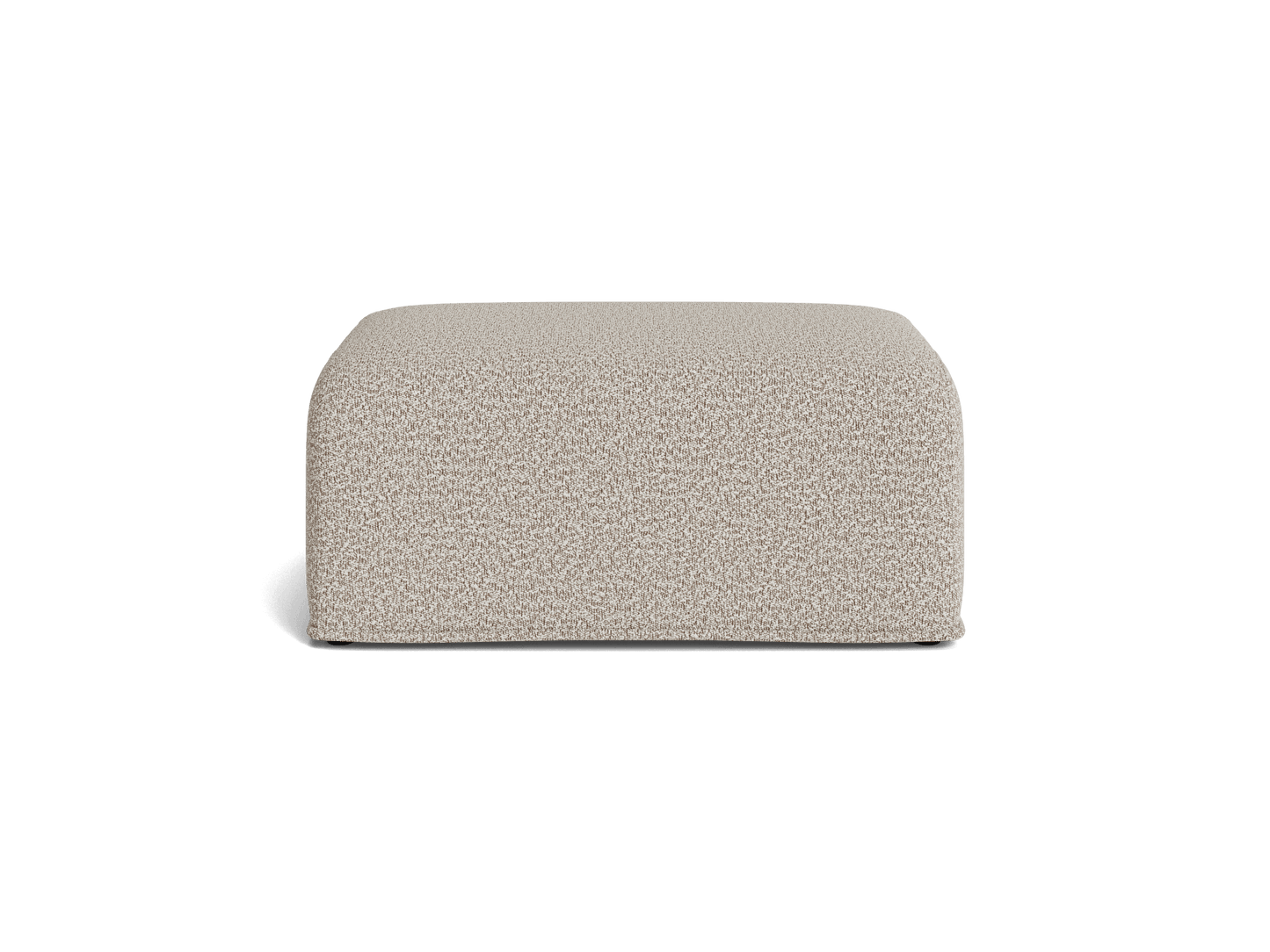 Light grey upholstered ottoman with a textured fabric. Rectangular shape, minimalistic design, suitable for modern living spaces.