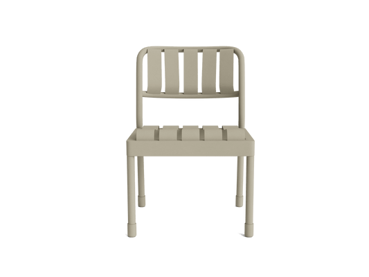 Beige metal chair with slatted seat and backrest, straight legs. Minimalist, industrial design, suitable for indoor or outdoor use.