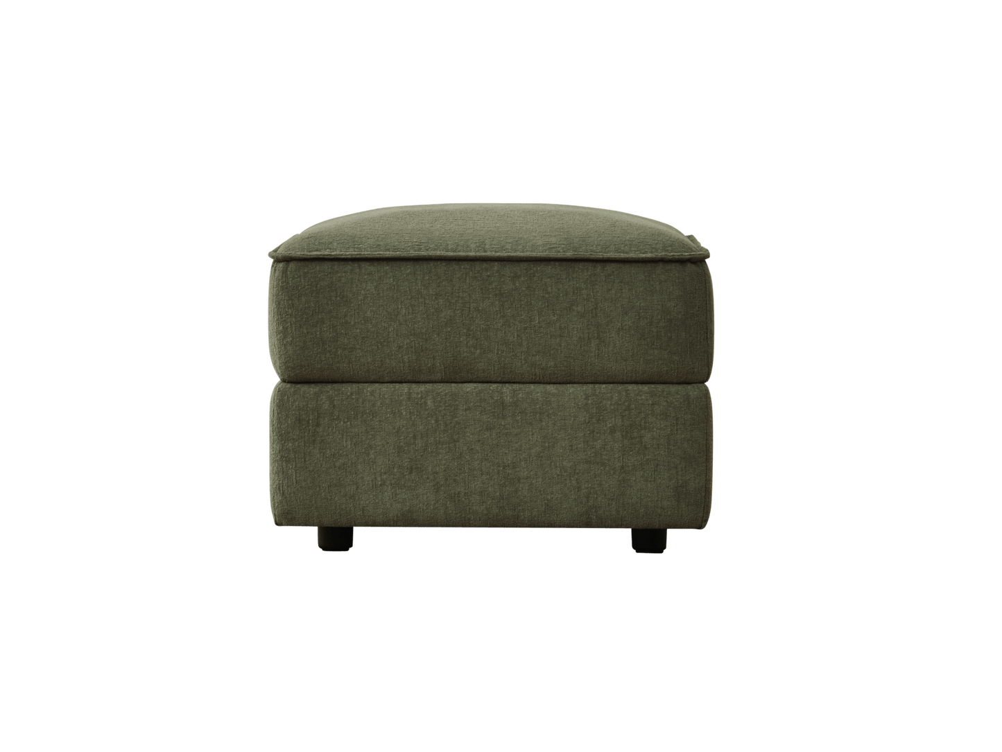 Green ottoman with fabric upholstery on short, dark legs. Simple, modern design perfect for living room seating or footrest.