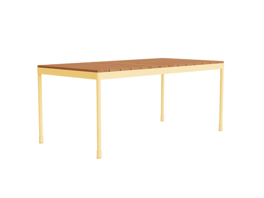 Yellow rectangular table with a brown wooden top and minimalist design, featuring slender legs.