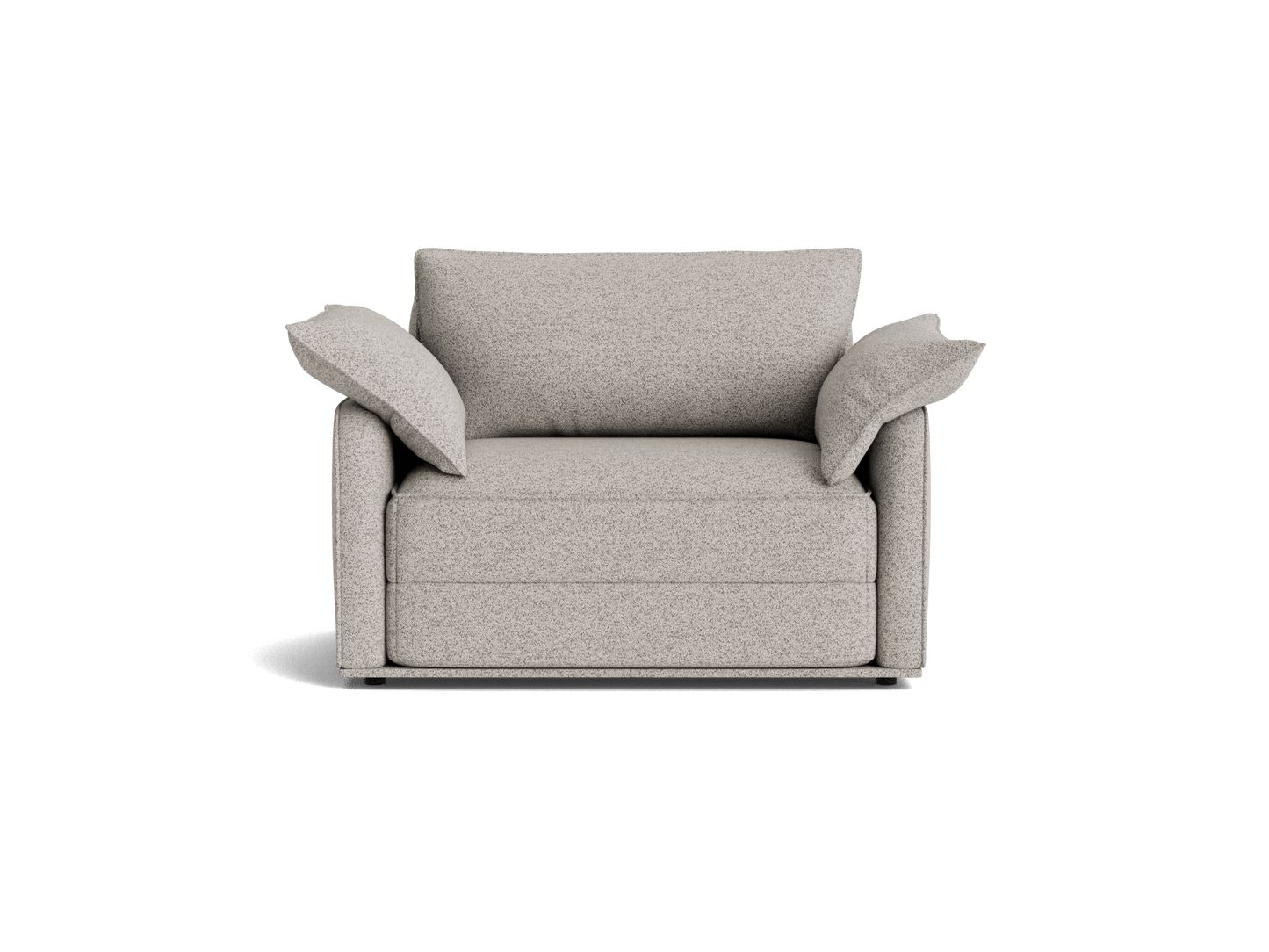 Light grey armchair with wide, angled backrest and armrests. Upholstered fabric, minimalist design. Shadow cast on a plain background.