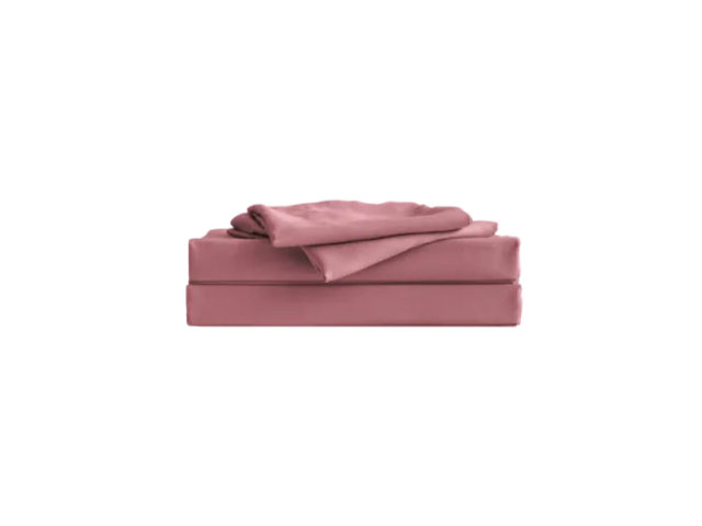 Folded dusty pink sheet set, including fitted and flat sheets, with a pillowcase on top, against a plain white background.